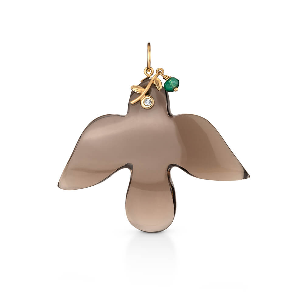Pingente Dove Fumê com Esmeralda e Brilhante 18k