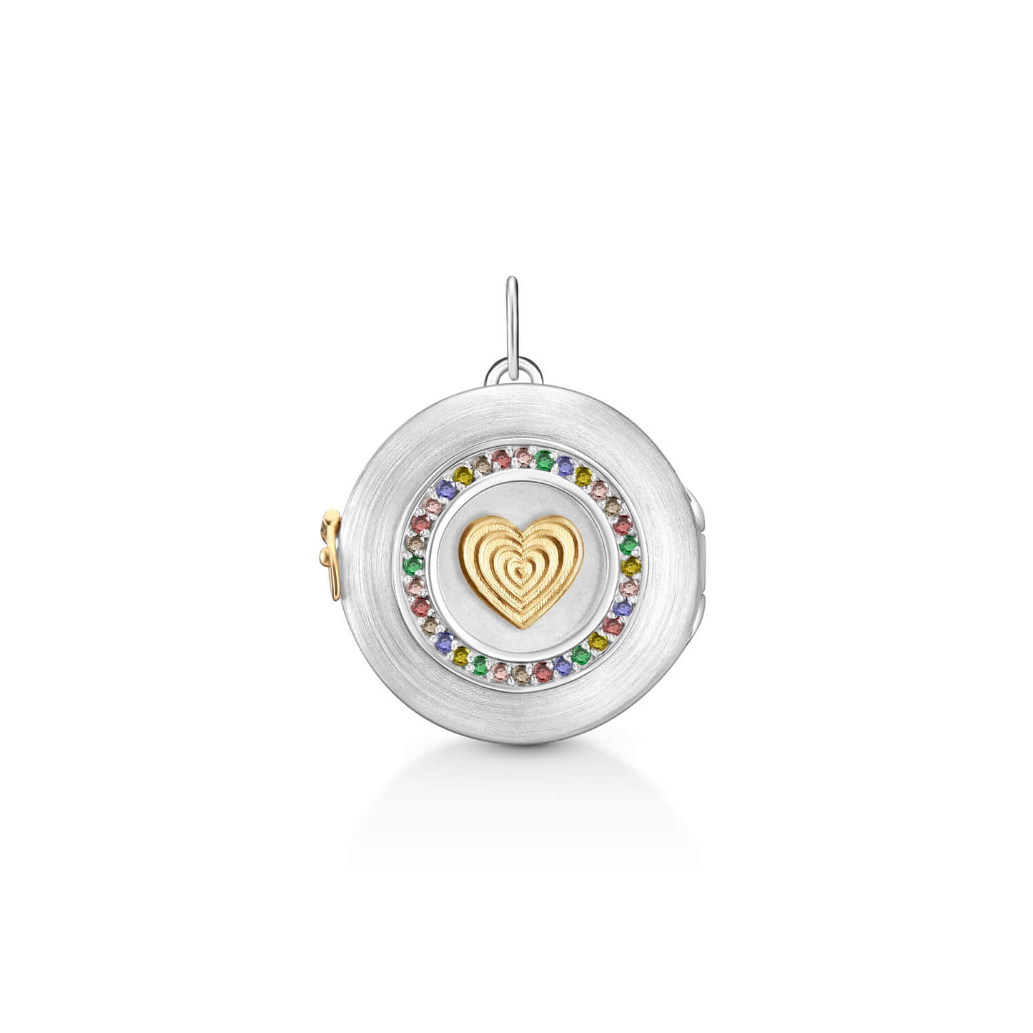 Pingente Relicário Coração Ag 925 com ouro 18k e Safiras Coloridas