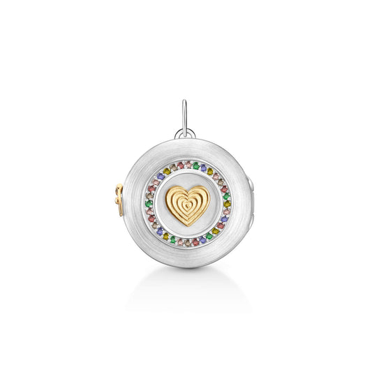 Pingente Relicário Coração Ag 925 com ouro 18k e Safiras Coloridas