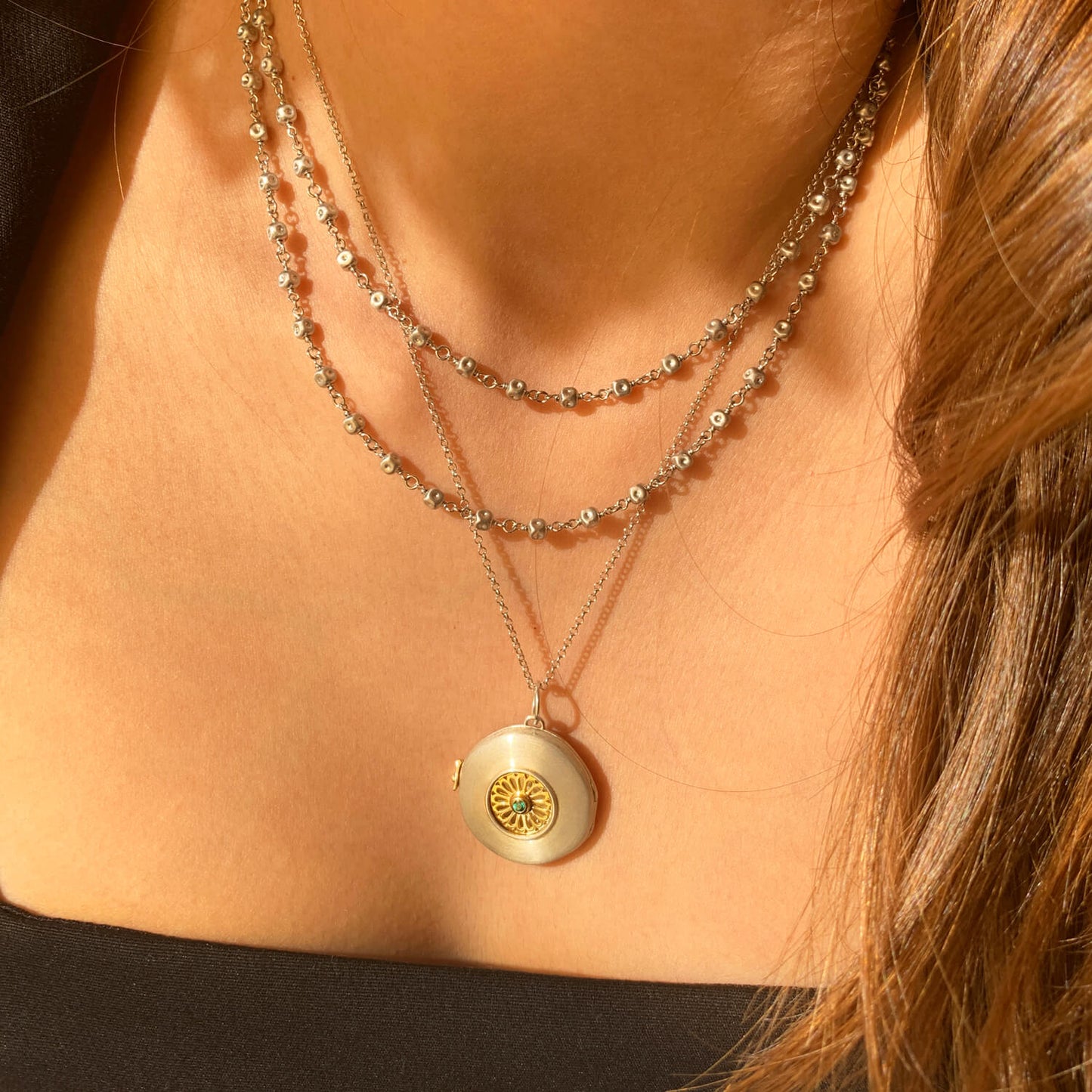 Pingente Relicário c/ Esmeralda Ag 925 com ouro 18k