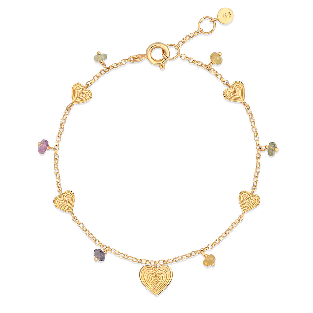 Pulseira Corações Safiras Coloridas 18k