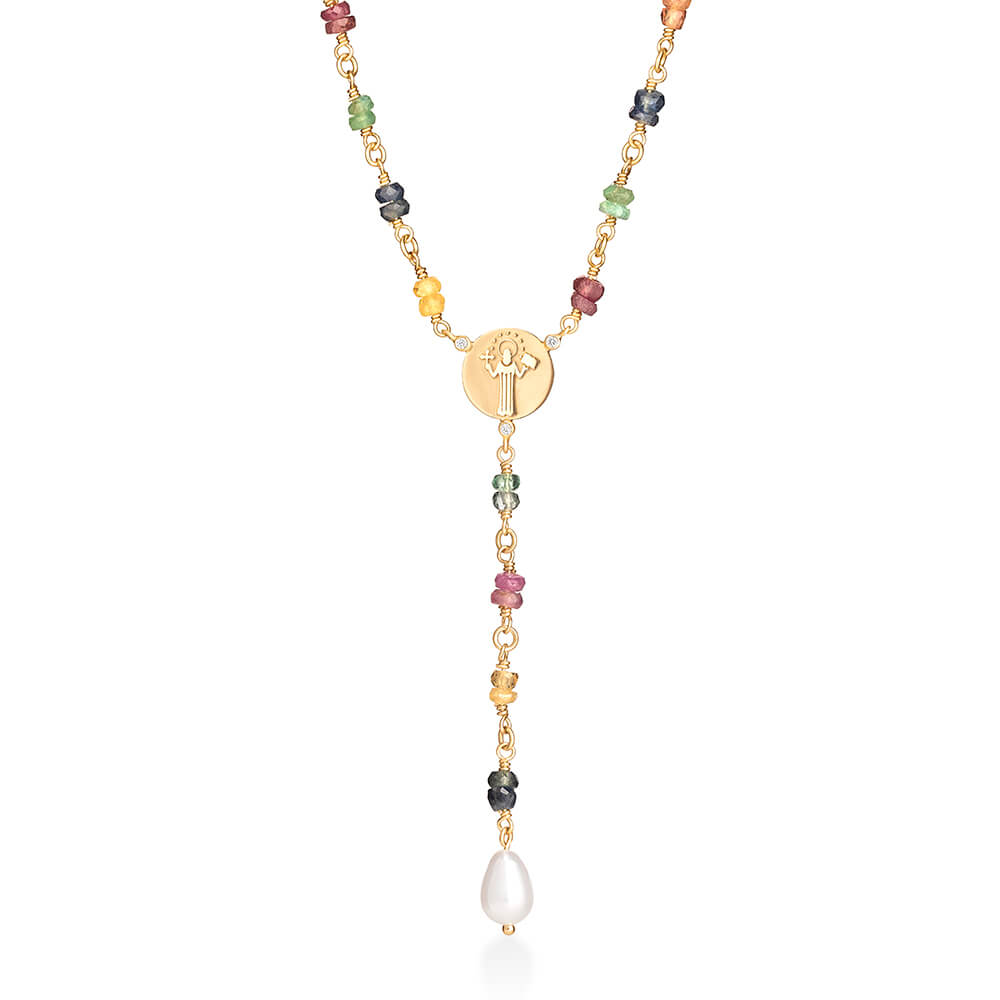 Terço Safiras Coloridas e Pérola 18k