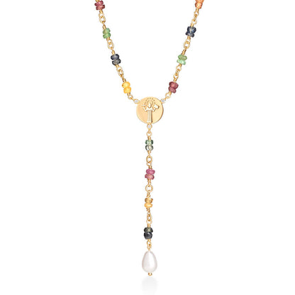 Terço Safiras Coloridas e Pérola 18k