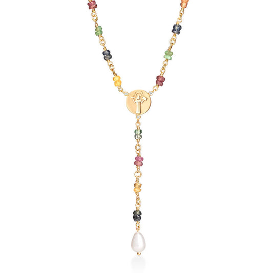 Terço Safiras Coloridas e Pérola 18k