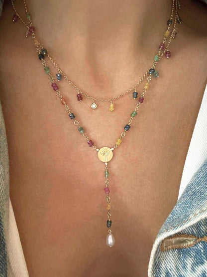 Terço Safiras Coloridas e Pérola 18k